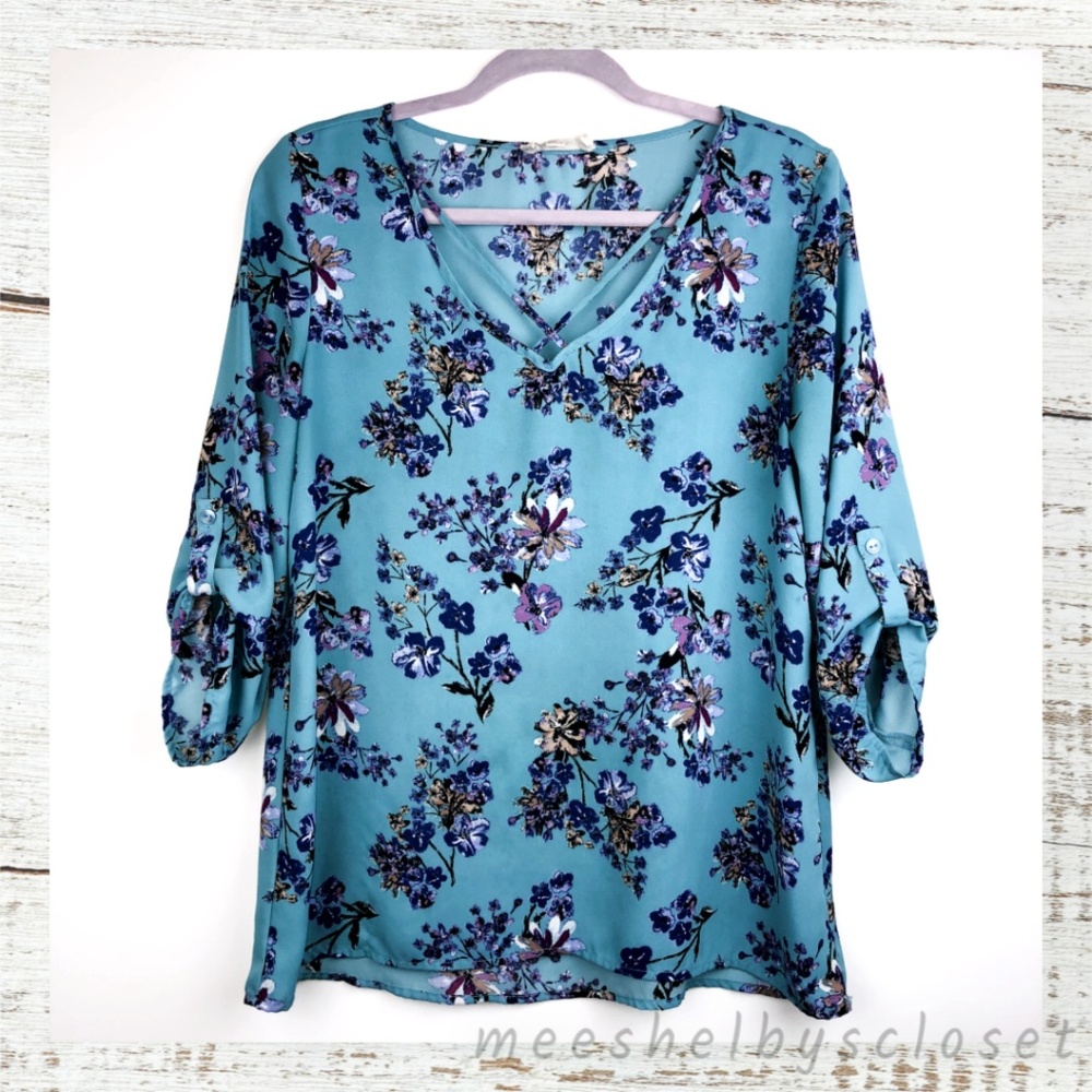 Hippie Rose Blue Floral Print Button Sleeve Blouse